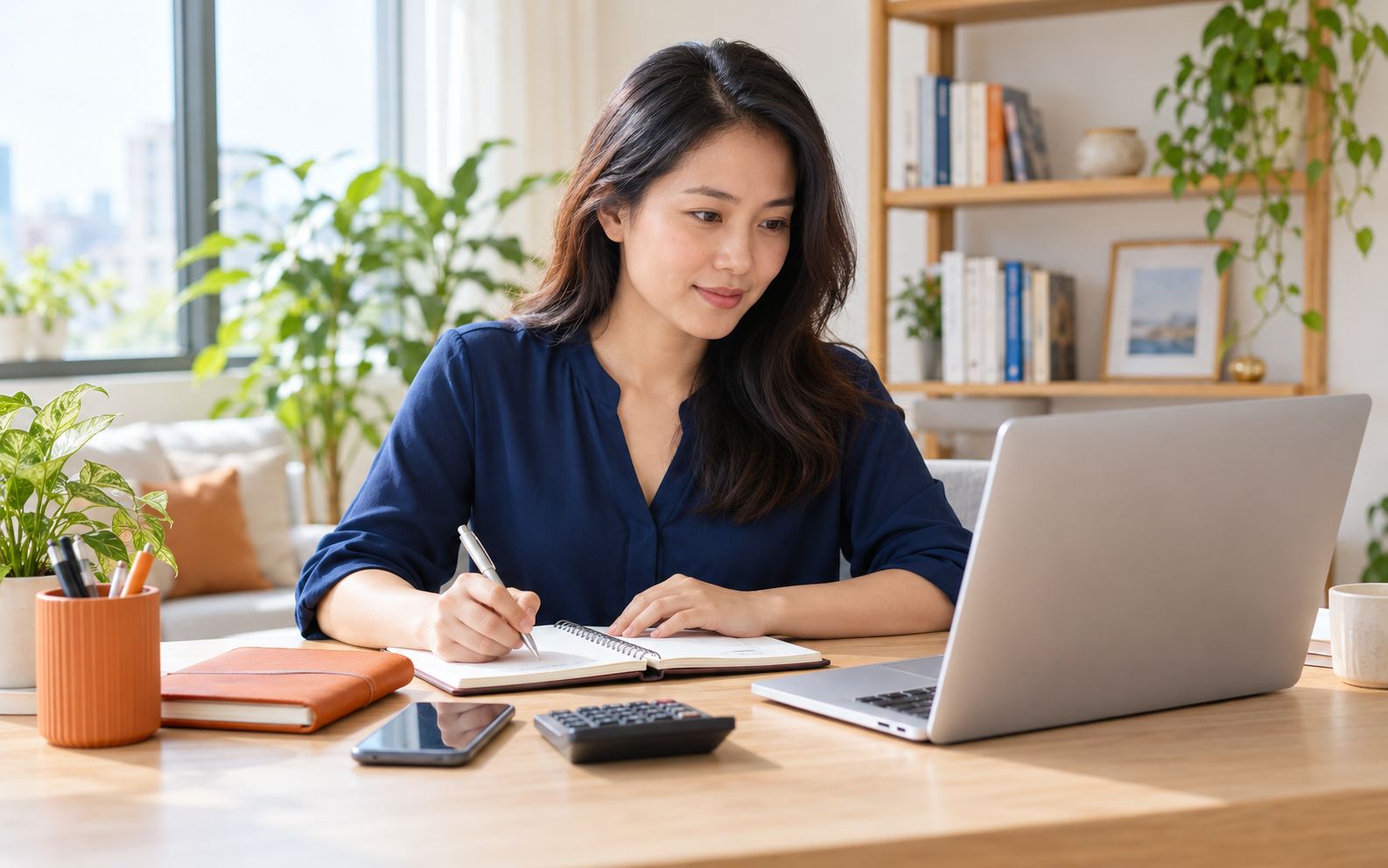 Người phụ nữ ghi kế hoạch tài chính bên laptop, máy tính cầm tay và sổ tay.